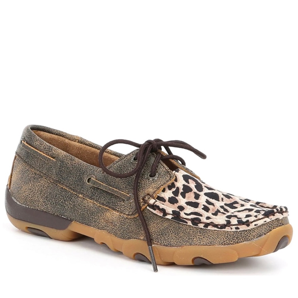 Twisted X leopard print lace up driving mocs, like new!